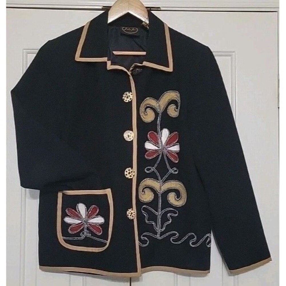 Vintage Julia Kim Women's Black Jacket Floral Embroidered Bohemian India Small